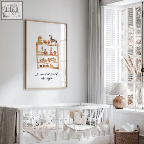 A framed wall art print with a light wood frame showing a toy shelf and text for nursery bohemian decor