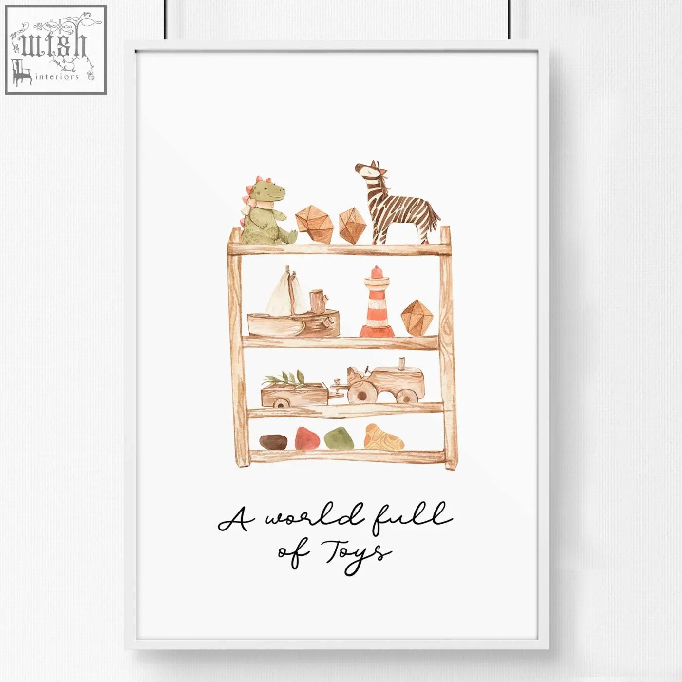 Watercolor art print of a wooden toy shelf with colorful toys framed in white perfect for nursery wall art print