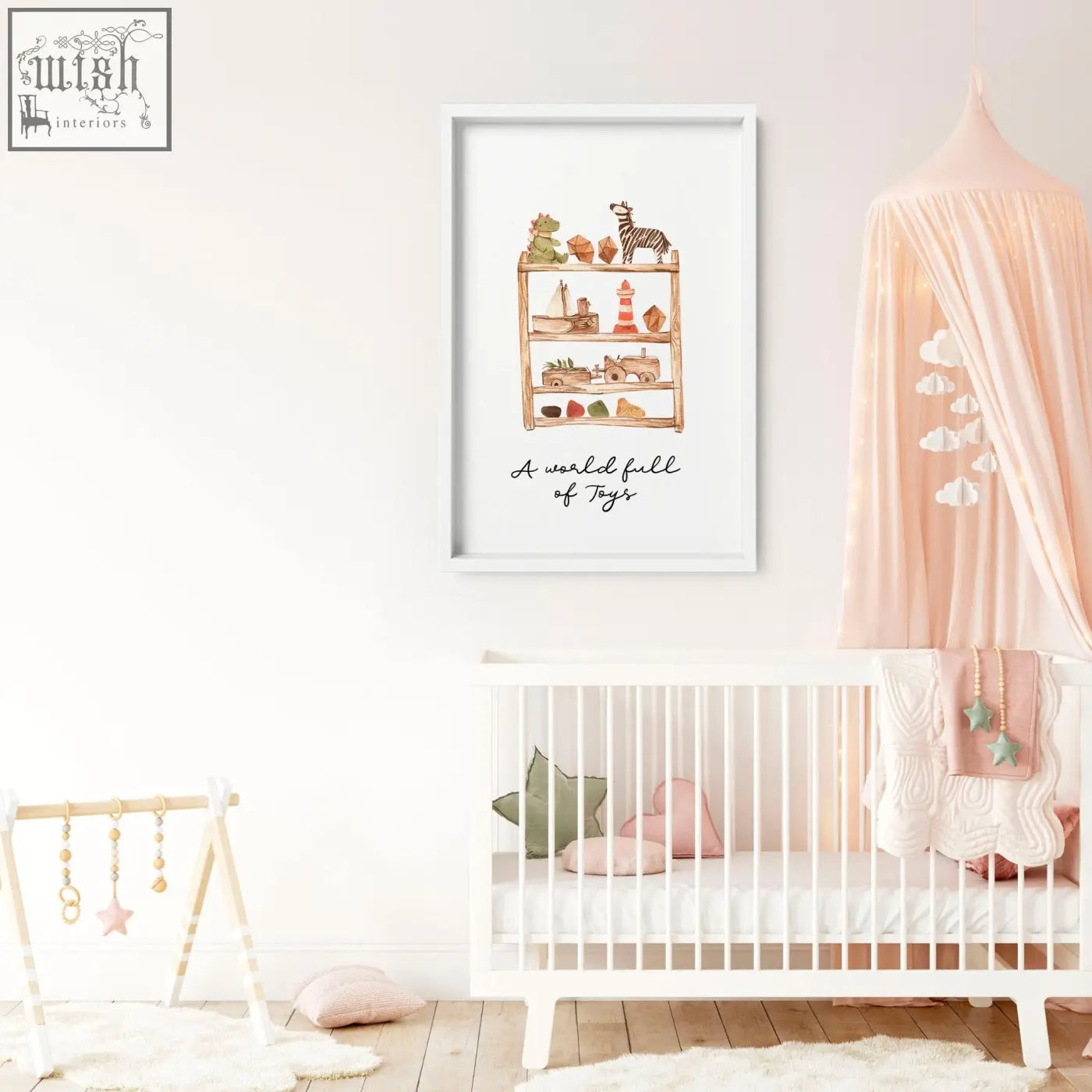 White-framed wall art print of wooden toy shelf with assorted toys and text a world full of toys for nursery decor
