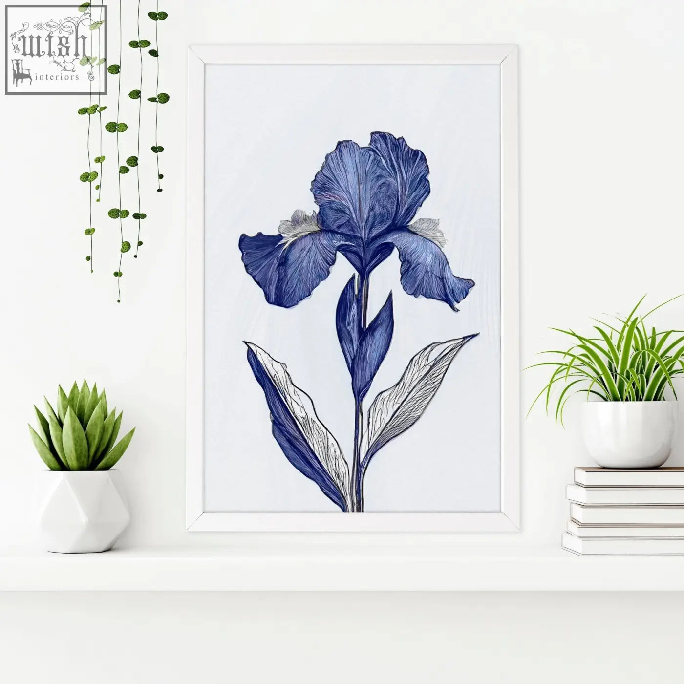 A framed blue iris botanical wall art print with fine line detailing in a minimalist white frame for bathroom decor