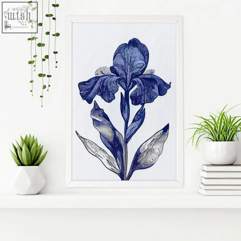 A framed botanical wall art print featuring a blue iris with detailed shading and delicate leaf patterns for bathroom decor