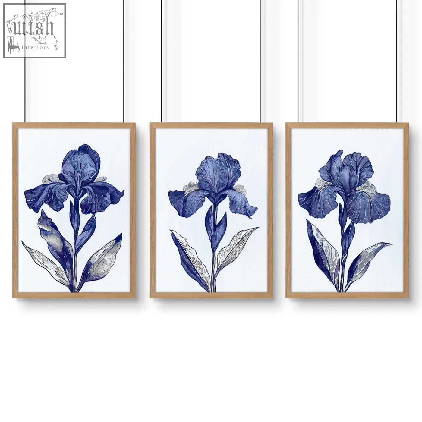 Set of three botanical wall art prints featuring blue iris flowers in light wood frames perfect for bathroom decor