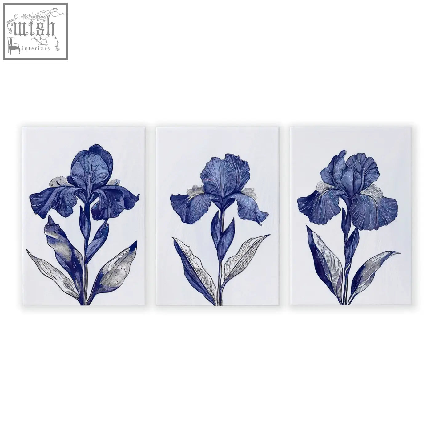Set of three framed blue iris botanical wall art prints on white canvas perfect as bathroom wall art prints