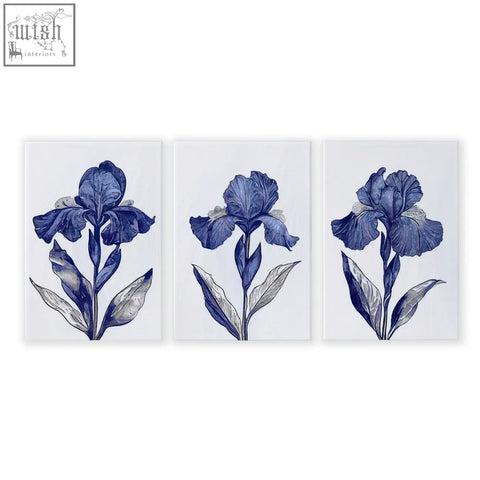 Set of three framed blue iris botanical wall art prints on white canvas perfect as bathroom wall art prints
