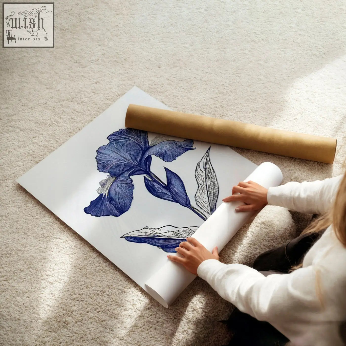 A detailed blue iris illustration on white paper roll from a set of 3 botanical wall art prints for bathroom decor