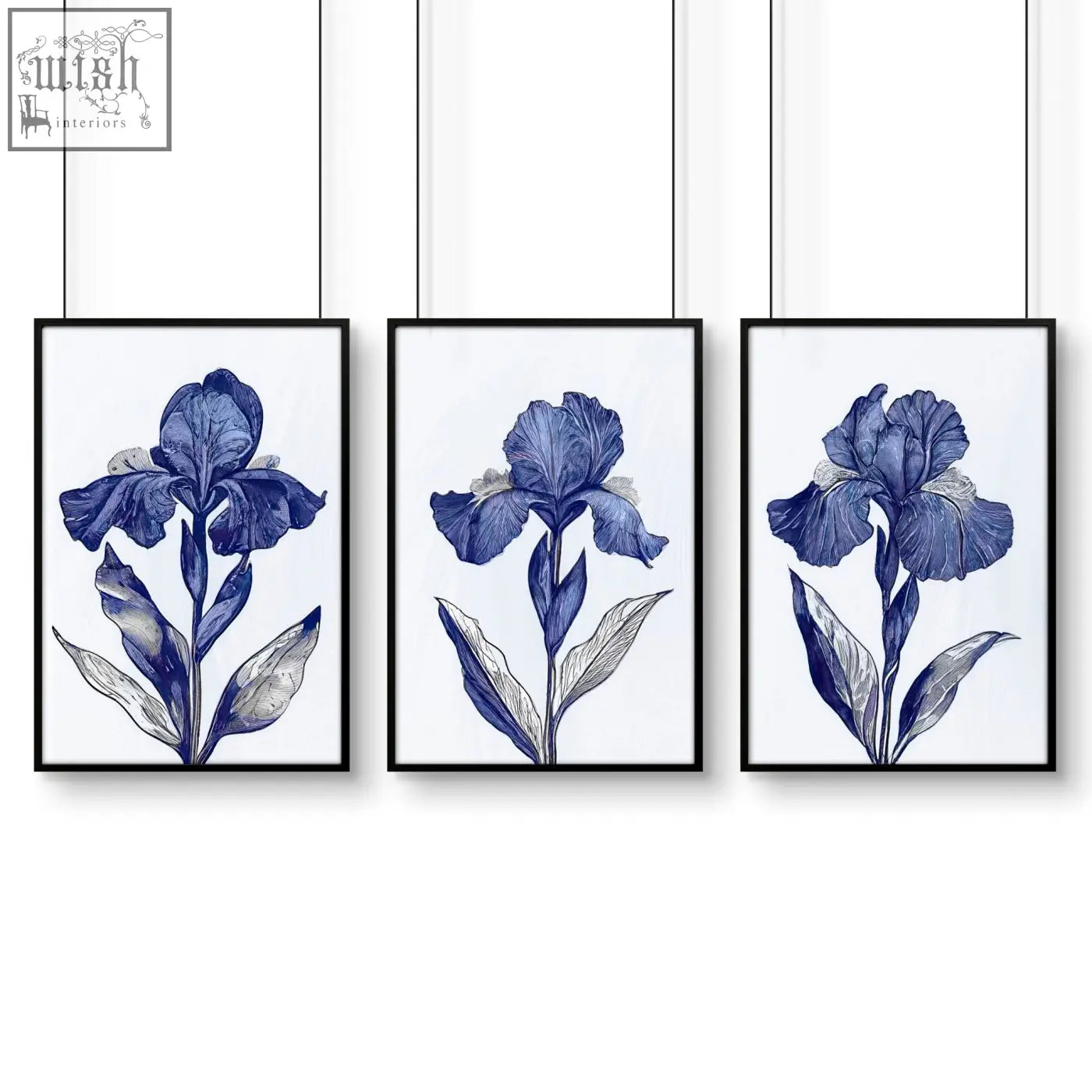 Set of three framed blue iris botanical wall art prints with black frames perfect for bathroom wall art prints