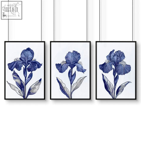 Set of three framed blue iris botanical wall art prints with black frames perfect for bathroom wall art prints