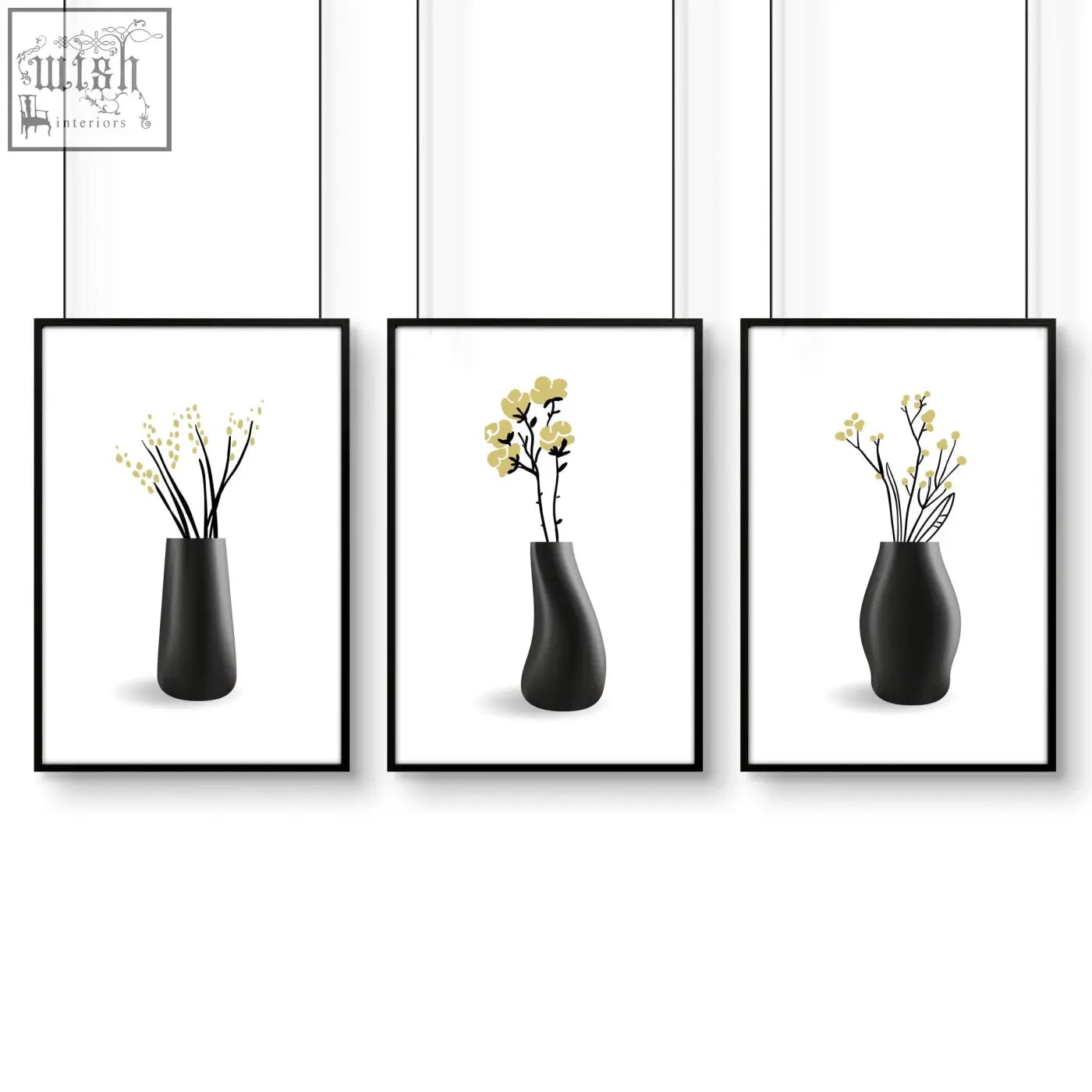 Set of three minimalist black ceramic vases with unique shapes and yellow blossoms for botanical wall art in bathroom walls