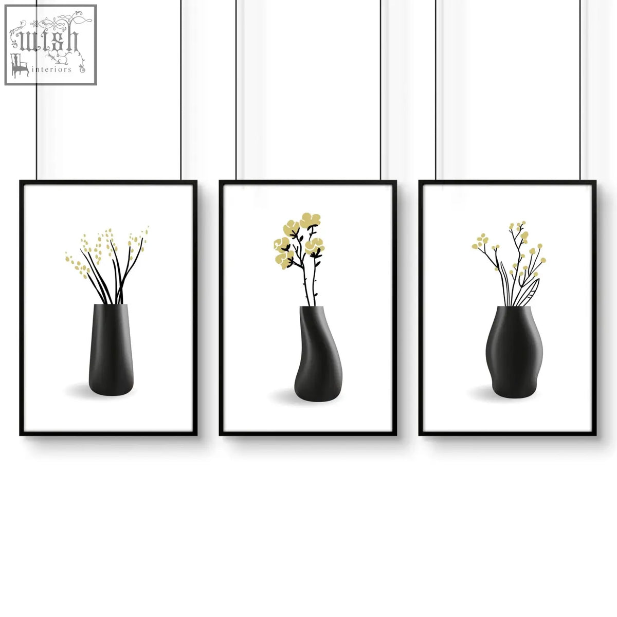Set of three minimalist black ceramic vases with unique shapes and yellow blossoms for botanical wall art in bathroom walls