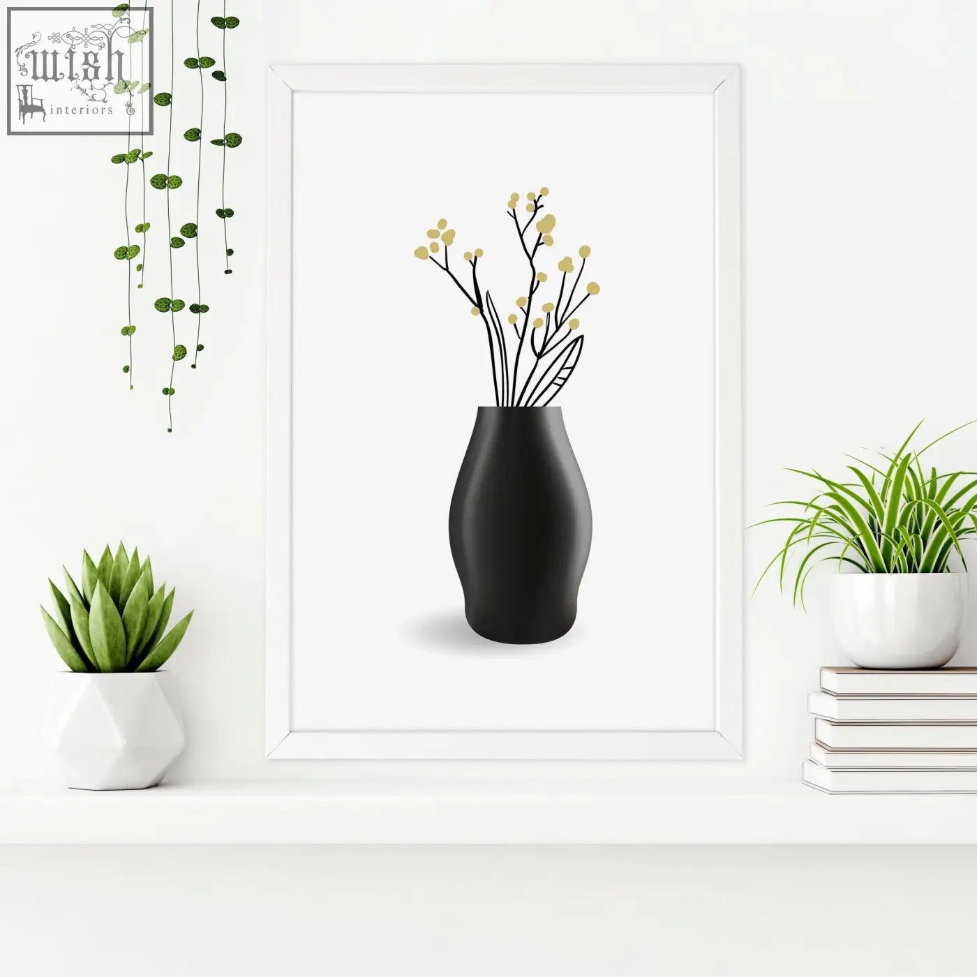 Black matte ceramic vase with slender stems and pale yellow blossoms in botanical wall art prints for bathroom walls
