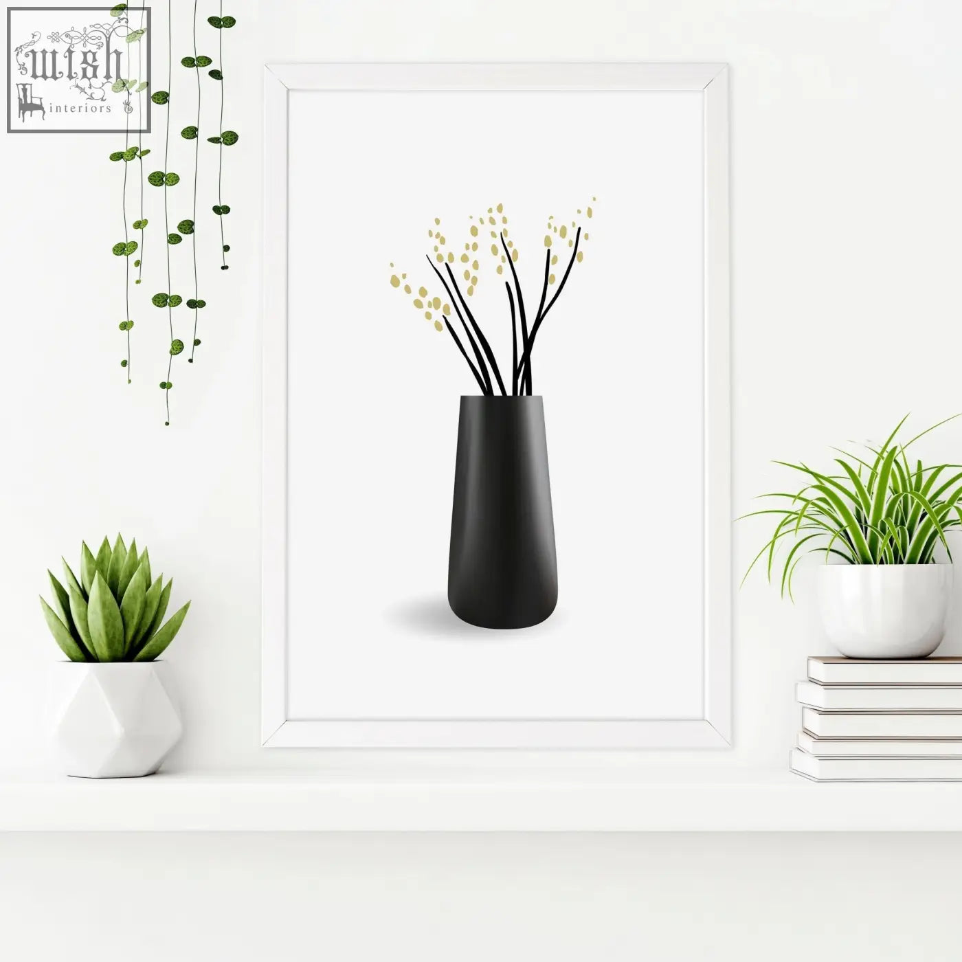 Black matte ceramic vase with slender black stems and gold tipped leaves for botanical wall art bathroom walls