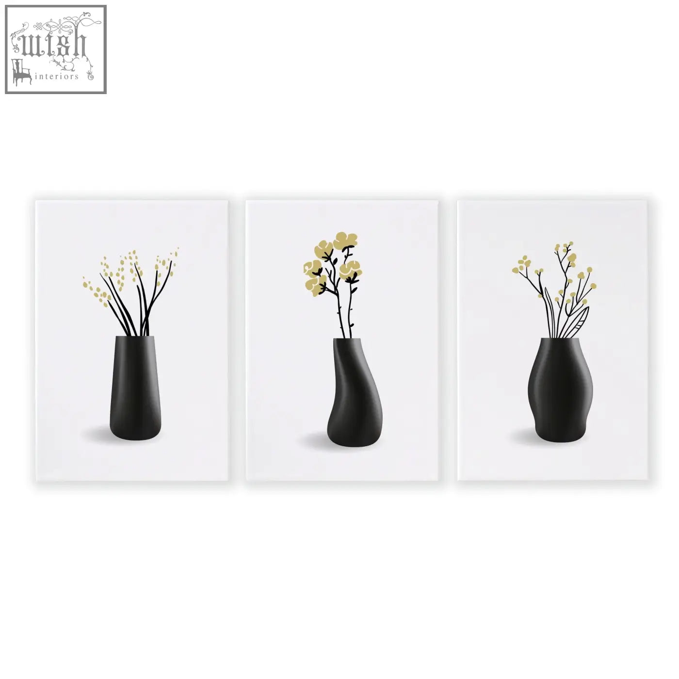 Set of 3 minimalist black ceramic vases with yellow blossoms botanical wall art prints for bathroom walls
