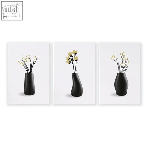 Set of 3 minimalist black ceramic vases with yellow blossoms botanical wall art prints for bathroom walls