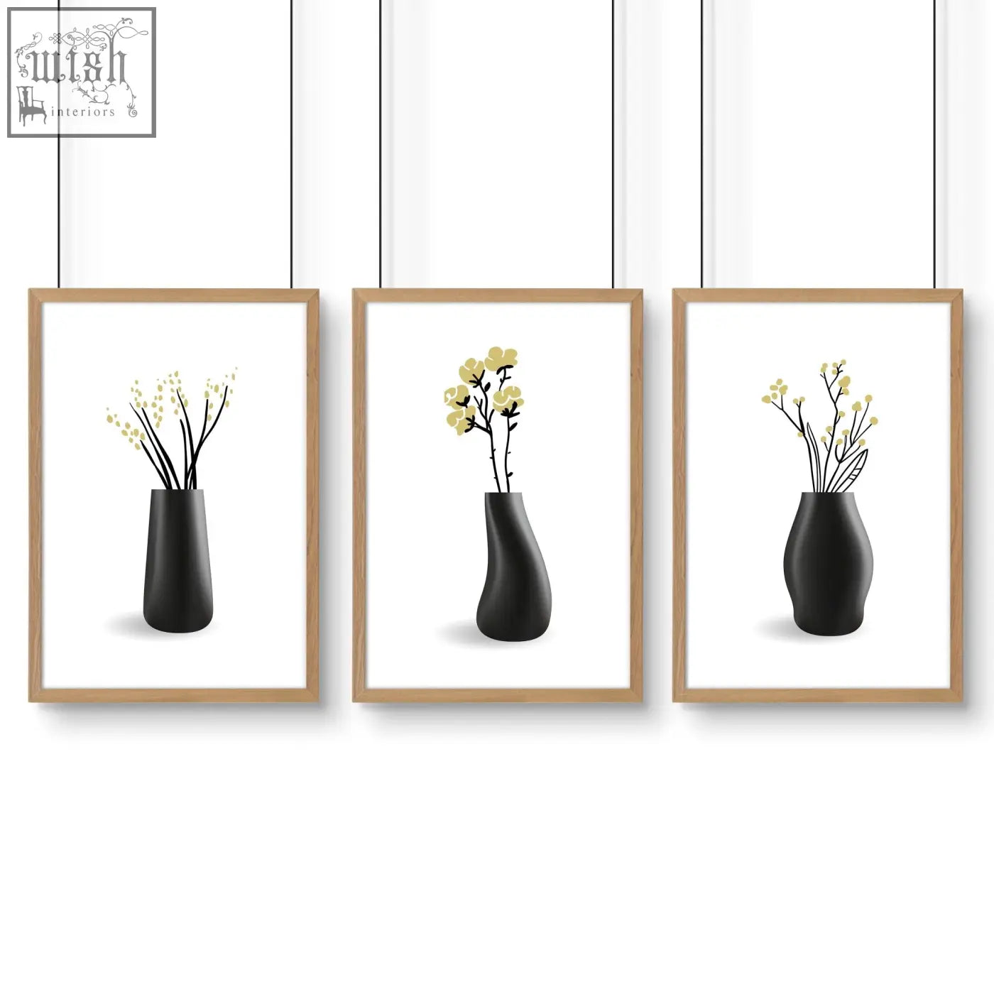 Set of three minimalist black ceramic vases with yellow blooms framed in light wood perfect botanical wall art for bathroom walls