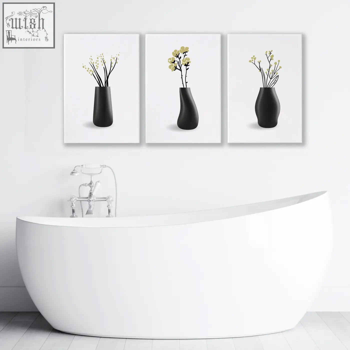 Set of 3 minimalist black ceramic vases with pale yellow blossoms perfect for botanical wall art on bathroom walls