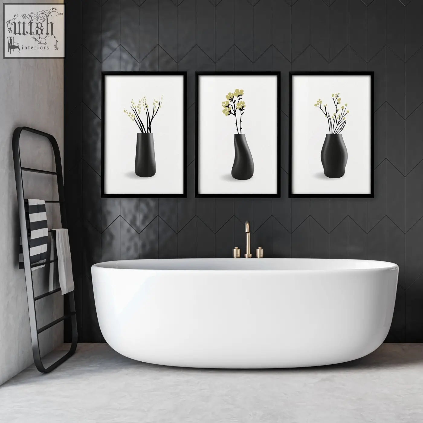 Set of 3 botanical wall art prints featuring black matte vases with delicate flowers perfect for bathroom walls