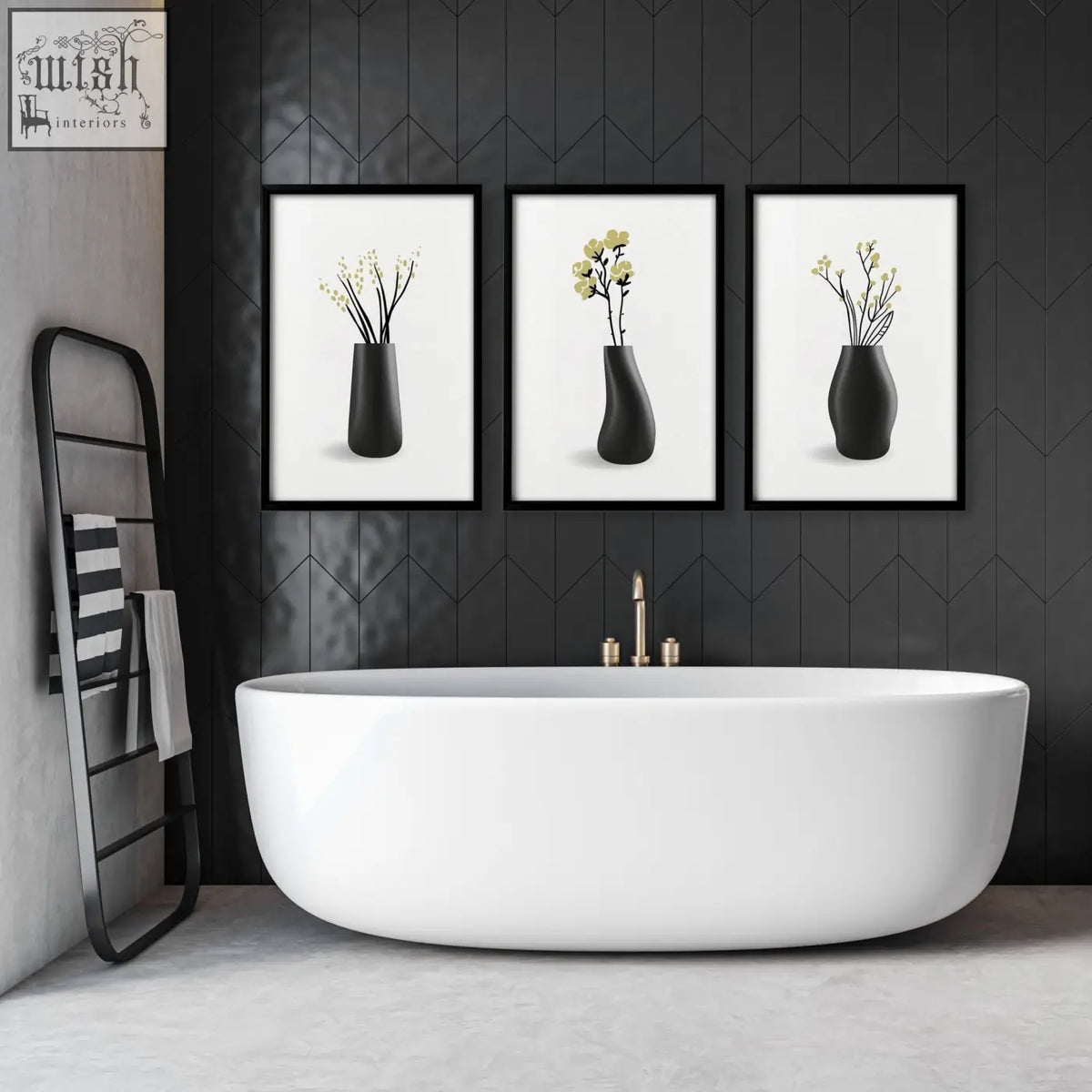 Set of 3 botanical wall art prints featuring black matte vases with delicate flowers perfect for bathroom walls