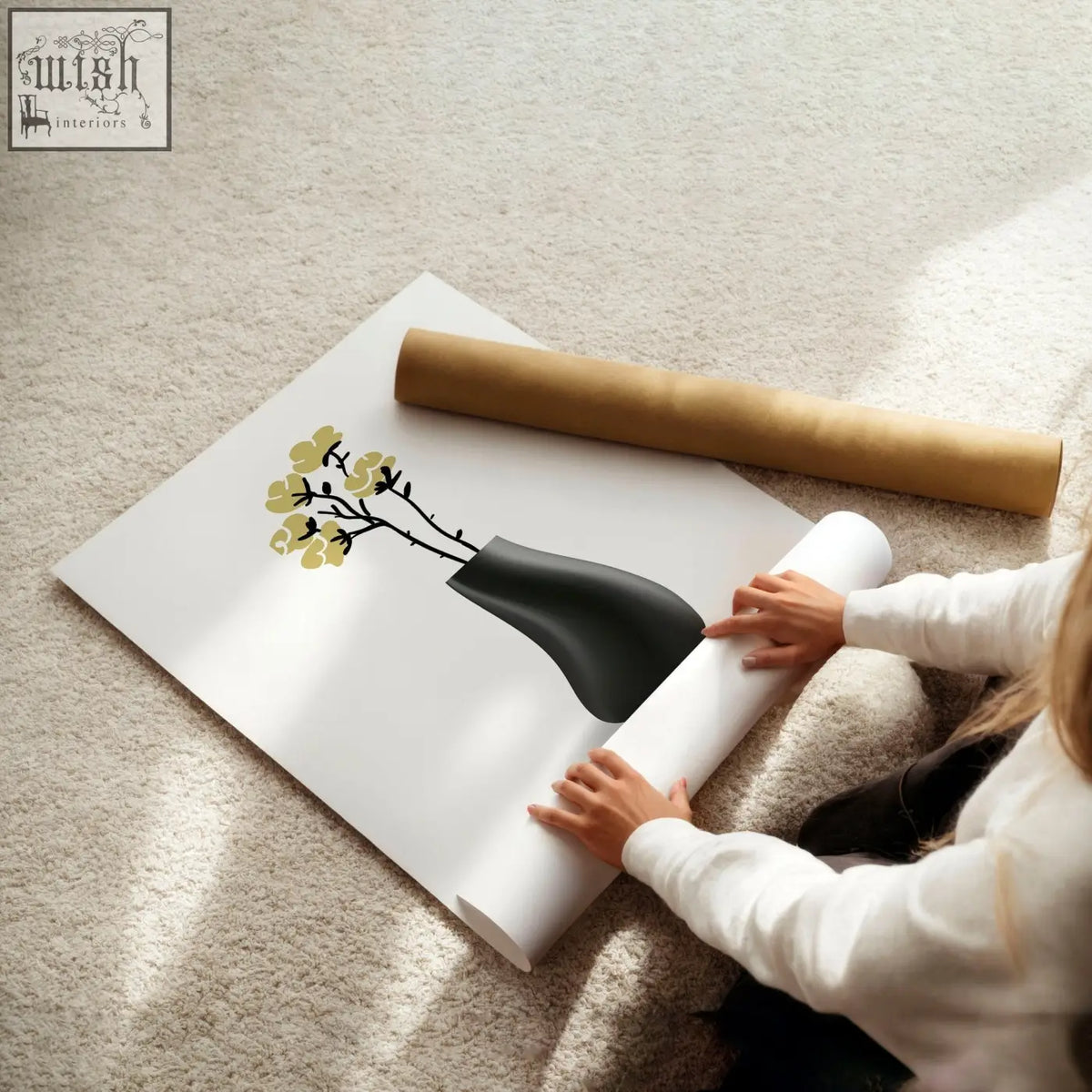 Black minimalist vase with yellow floral design on white paper roll botanical wall art for bathroom walls wall art prints