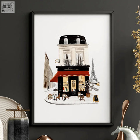 Black-framed parisian café illustration with red awning and eiffel tower for bedroom wall paris sous and maison du pain set