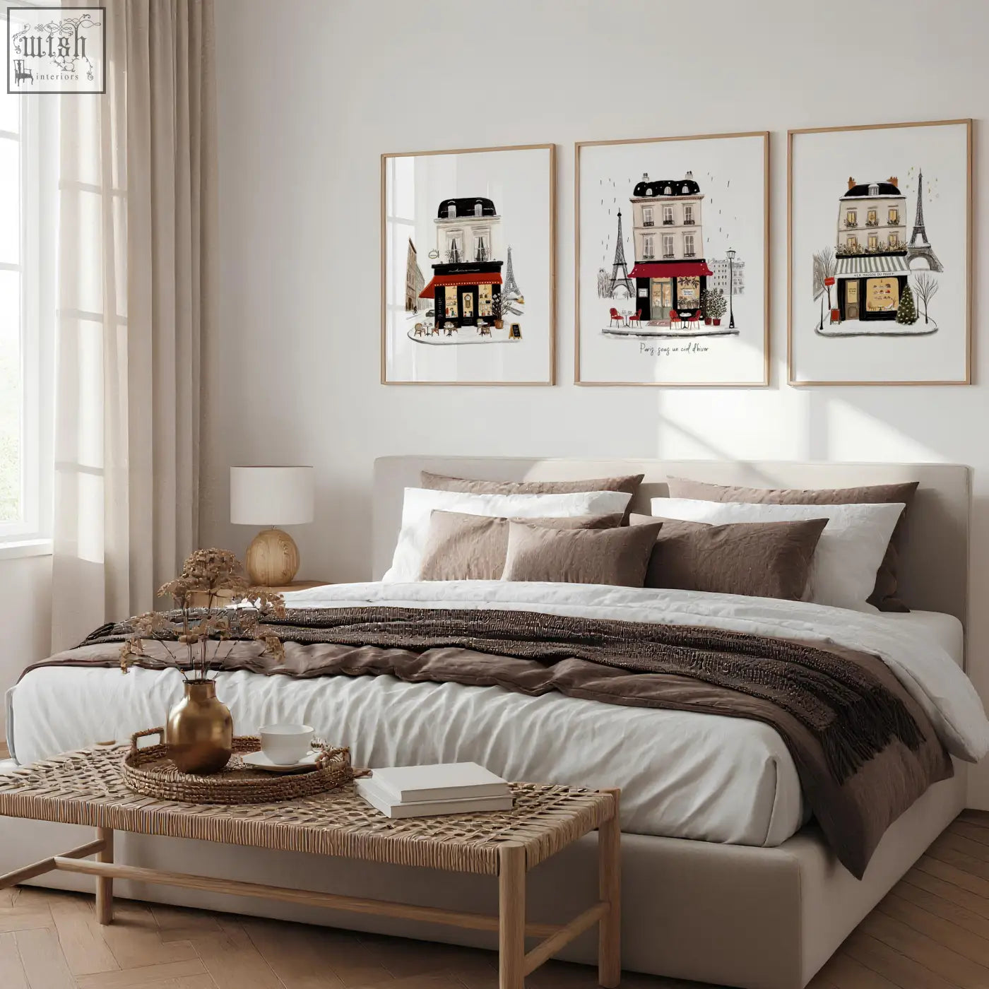 Set of three framed parisian street scene prints in beige burgundy and white perfect for bedroom wall featuring maison du pain and paris sous