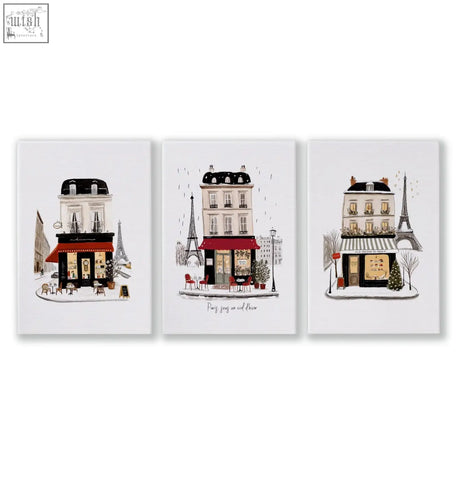 Set of 3 parisian bedroom wall canvas prints featuring maison du pain and paris sous scenes in white beige and burgundy