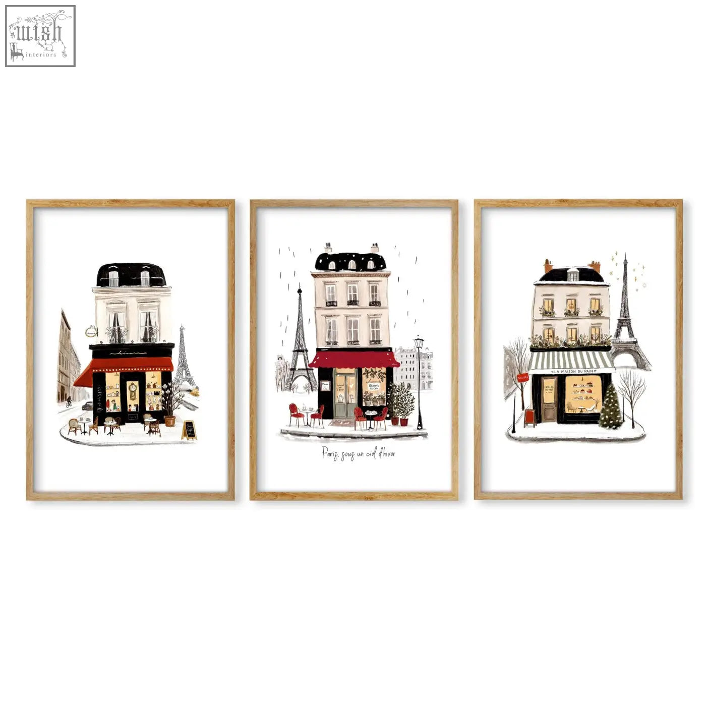Set of 3 framed parisian street scene prints with beige white and burgundy tones perfect for bedroom wall decor paris sous and maison du pain