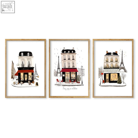 Set of 3 framed parisian street scene prints with beige white and burgundy tones perfect for bedroom wall decor paris sous and maison du pain