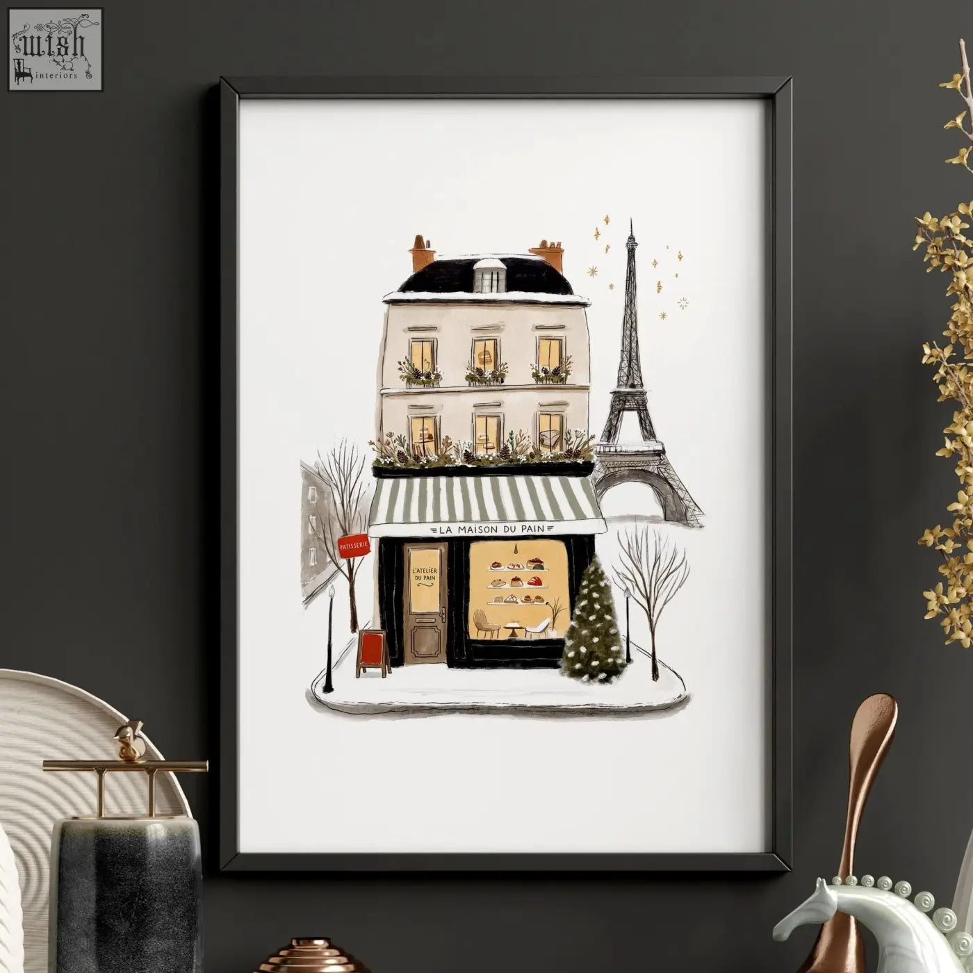 Black-framed illustration print of maison du pain parisian bakery with eiffel tower for bedroom wall paris sous set