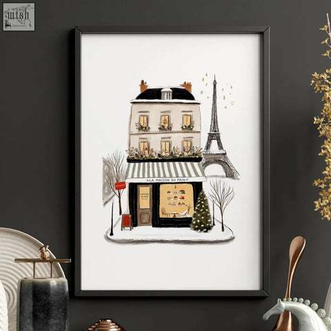 Black-framed illustration print of maison du pain parisian bakery with eiffel tower for bedroom wall paris sous set