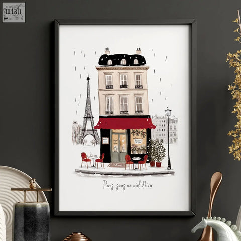 Framed prints for bedroom wall featuring paris sous a ciel dhiver and maison du pain with burgundy red parisian café scene