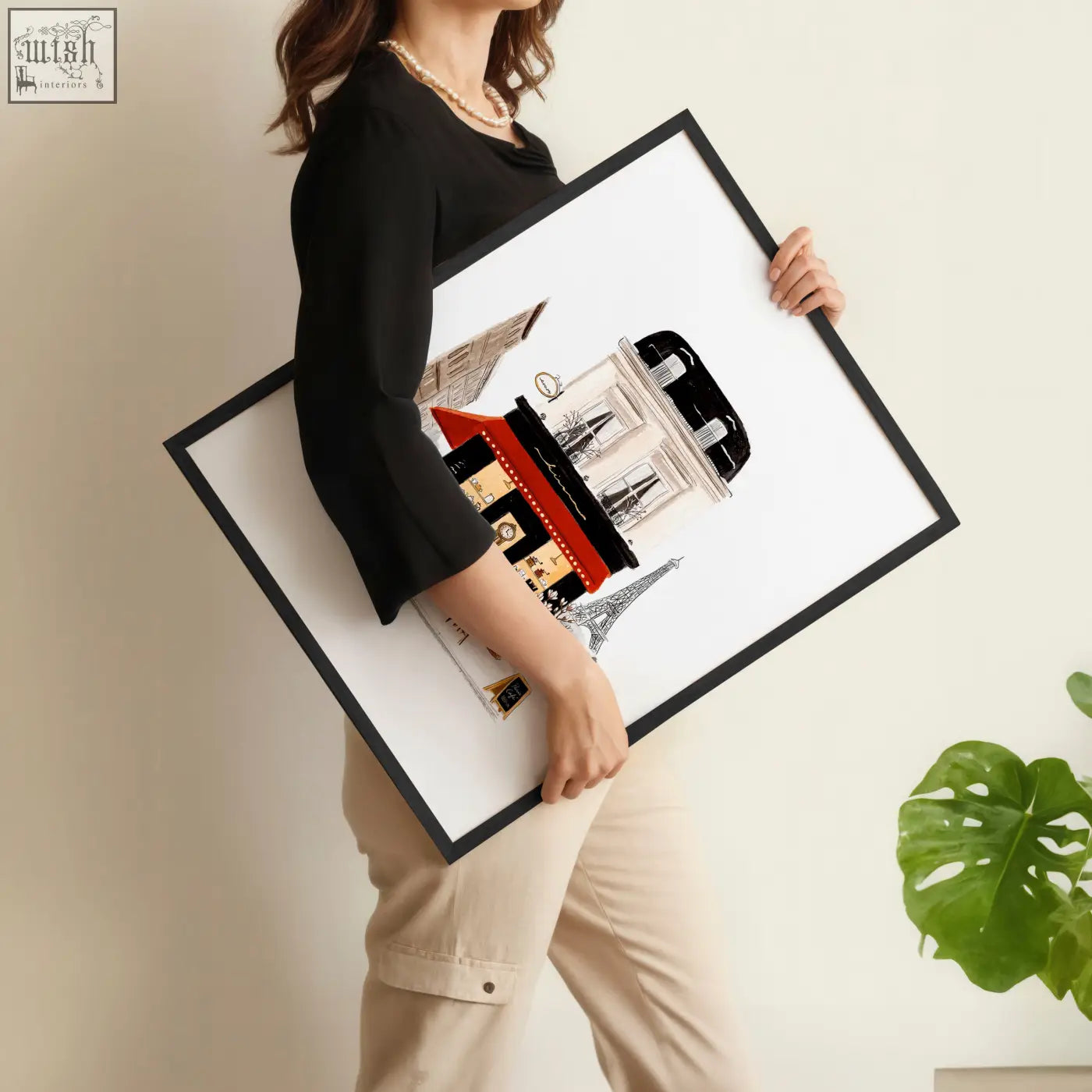 Black-framed prints for bedroom wall featuring paris sous un ciel d’hiver and maison du pain in white beige burgundy colors