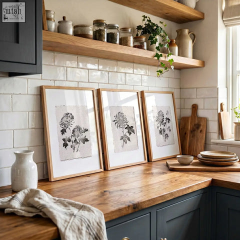 Three framed french country botanical chrysanthemum wall art prints with black ink on textured beige paper