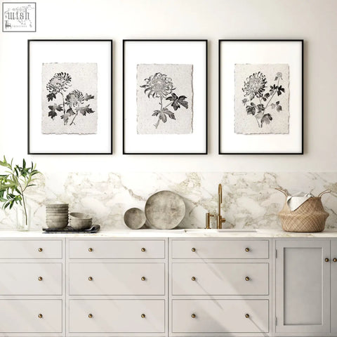 Three black-framed french country botanical chrysanthemum prints on textured beige paper above marble countertop wall art