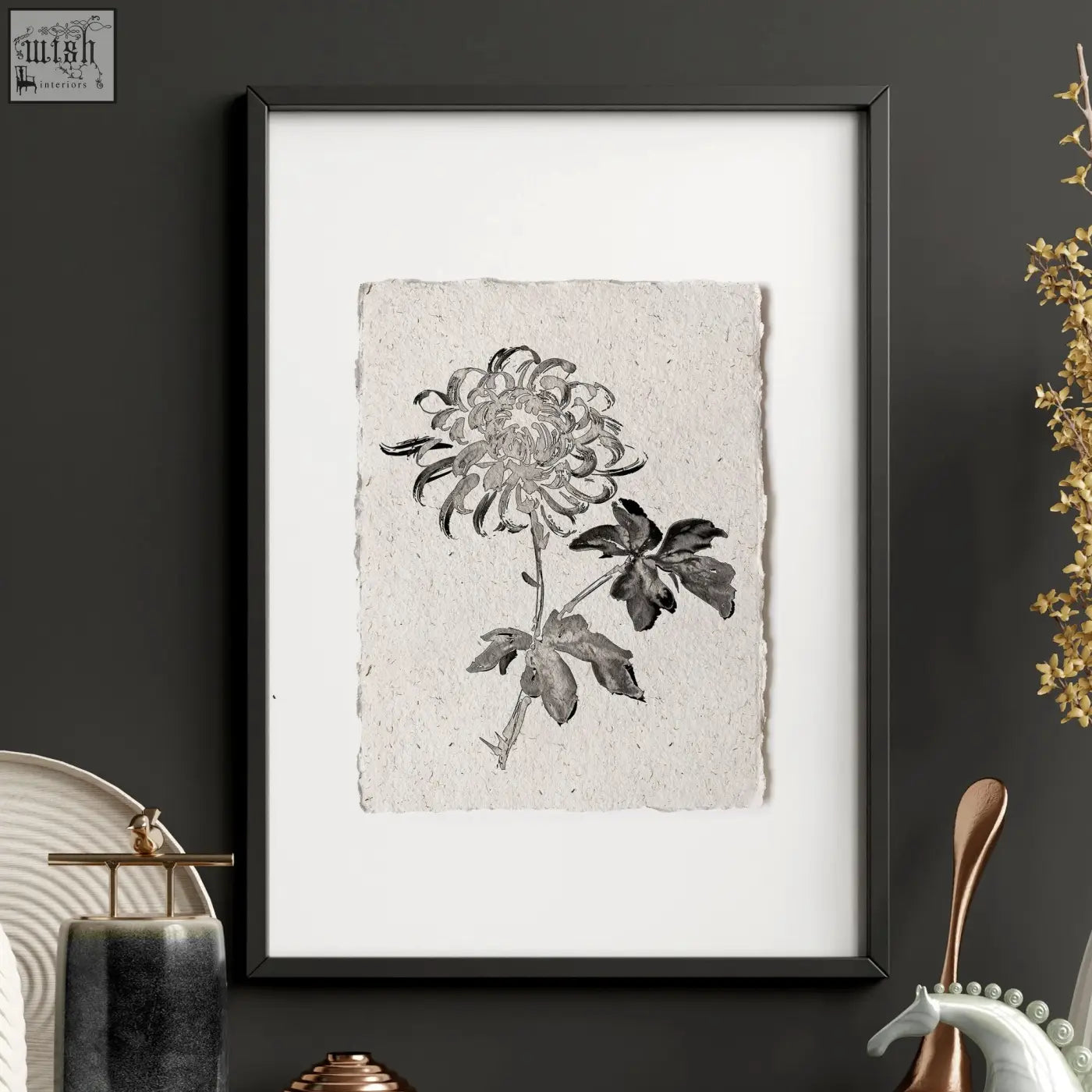 Black-framed french country wall art featuring delicate botanical chrysanthemum ink drawing on textured handmade paper