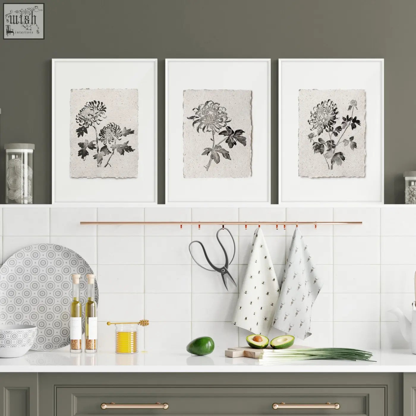 Three framed french country botanical chrysanthemum wall art prints with black ink on textured beige paper in white frames