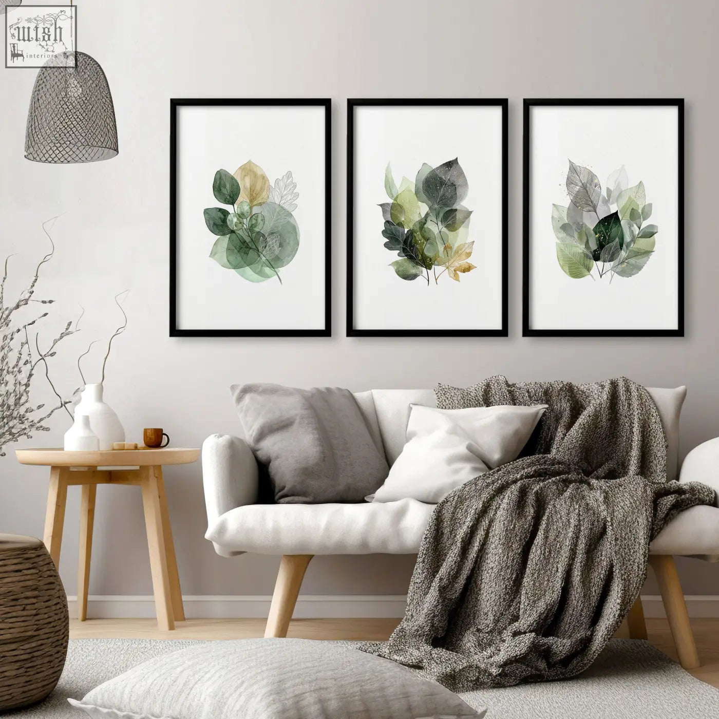 Three framed botanical prints with green and gold tone watercolor leaves perfect for living room botanical decor