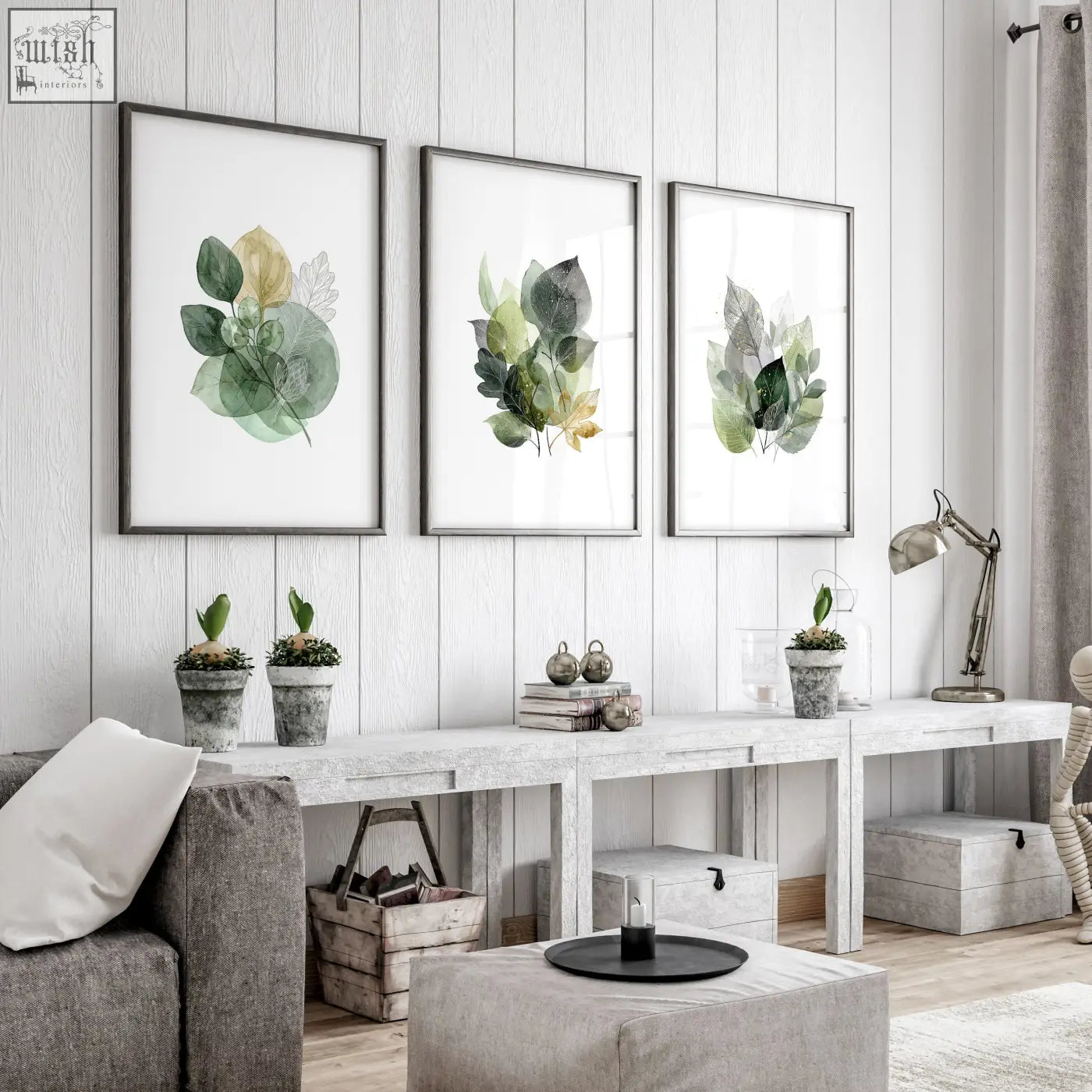 Three framed prints for living room botanical green and gold-tone watercolor leaves in simple black frames