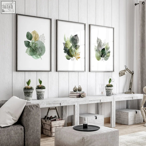 Three framed prints for living room botanical green and gold-tone watercolor leaves in simple black frames