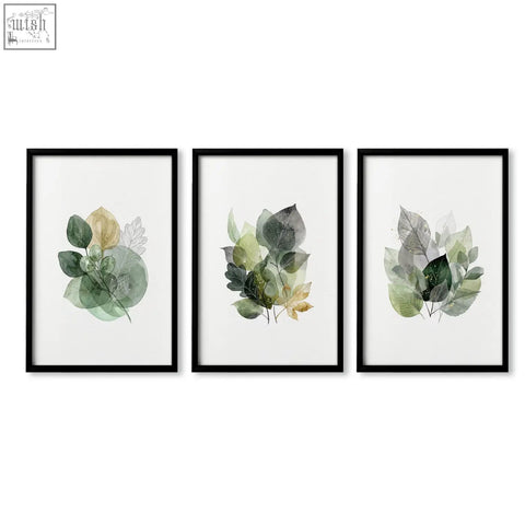 Set of three framed living room botanical art prints with green and gold-tone watercolor leaf designs