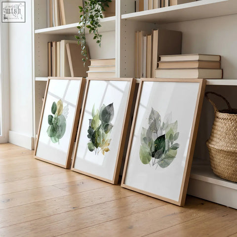 Three framed prints for living room botanical green and gold tone watercolor leaves in light wood frames