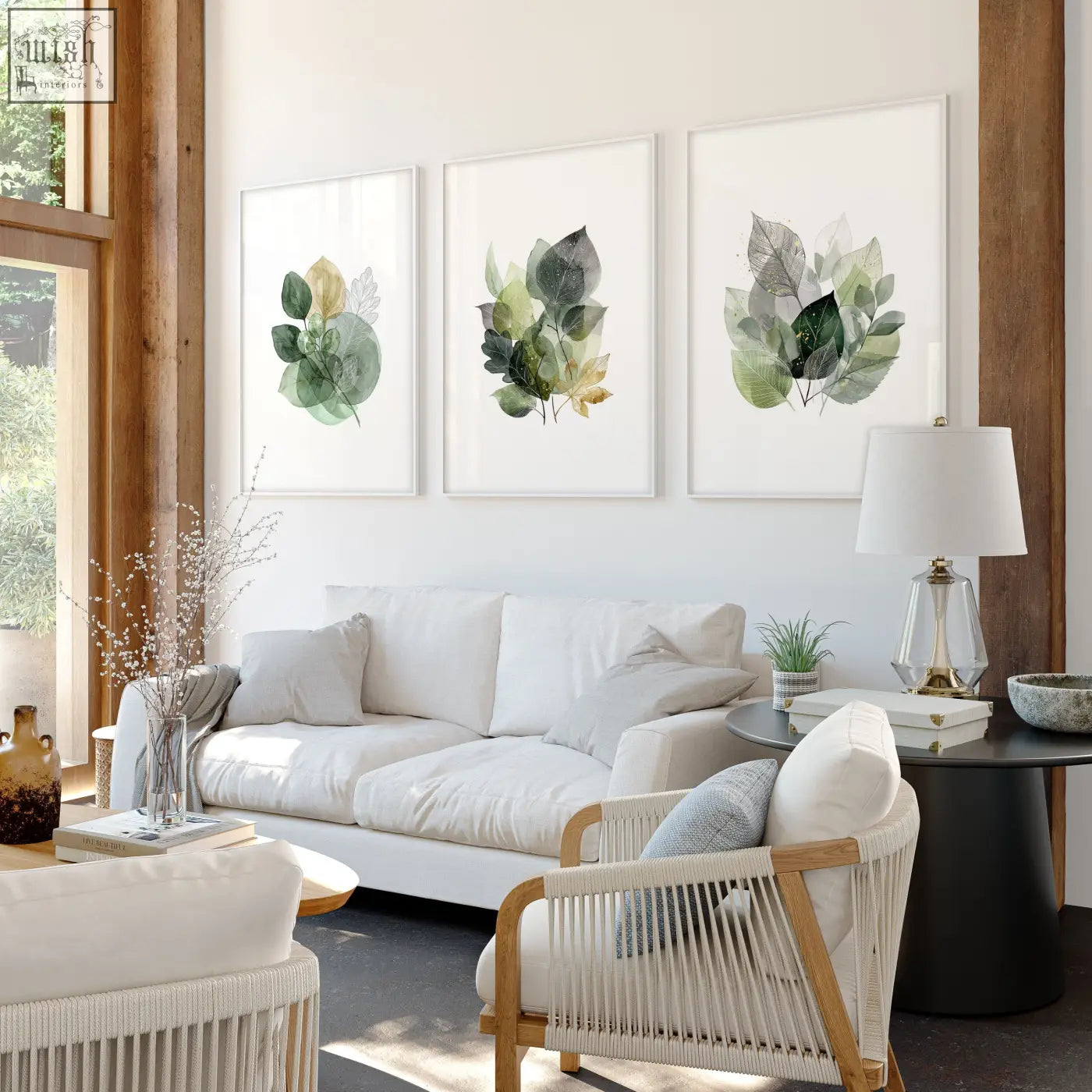 Three framed prints for living room with botanical green and gold-tone watercolor leaves set of 3