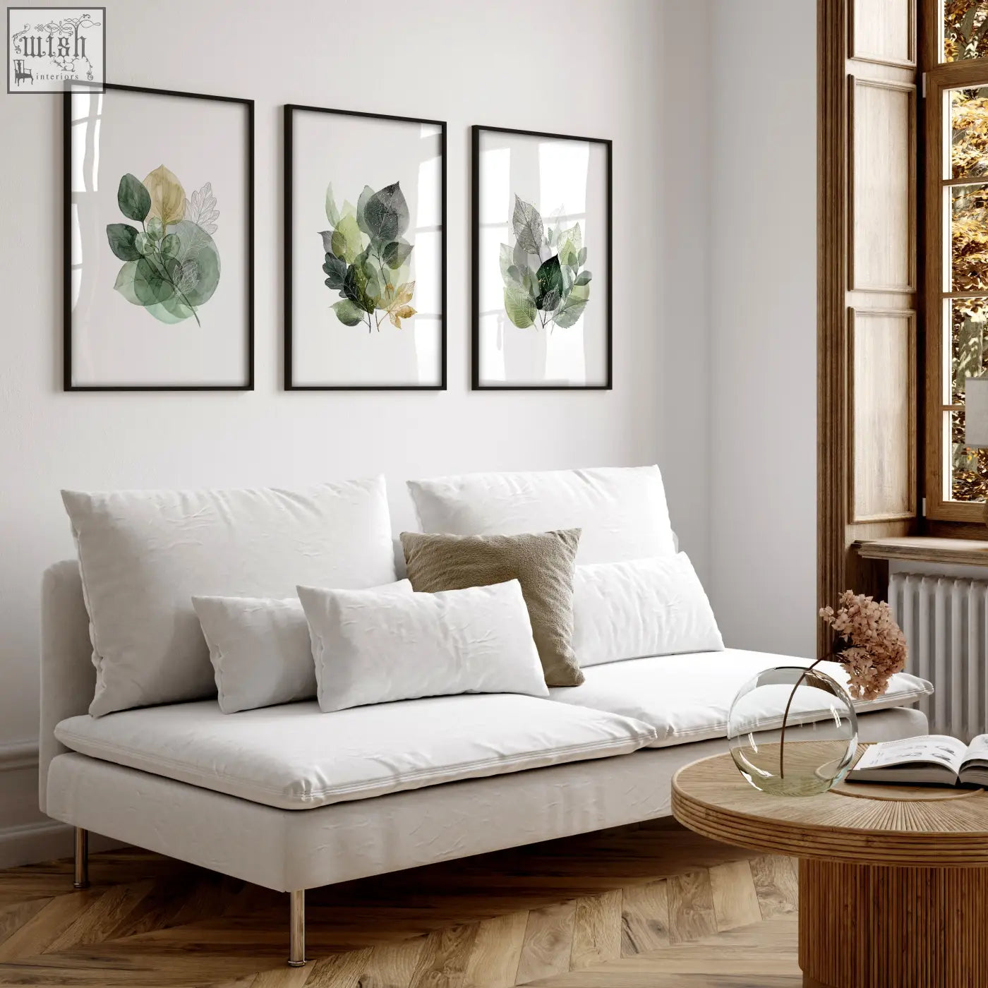 Three framed living room botanical prints with green and beige leaf illustrations in black frames for room botanical green decor