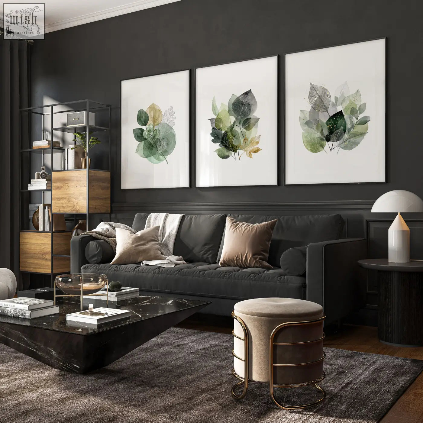 Dark gray upholstered sofa with beige and taupe pillows next to living room botanical green and gold-tone watercolor prints set of 3