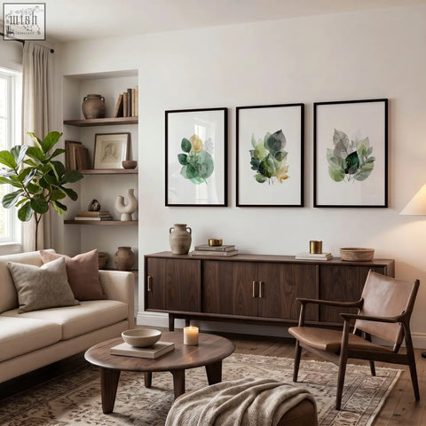 Set of three framed living room botanical prints with green and gold tone watercolor leaves in black frames