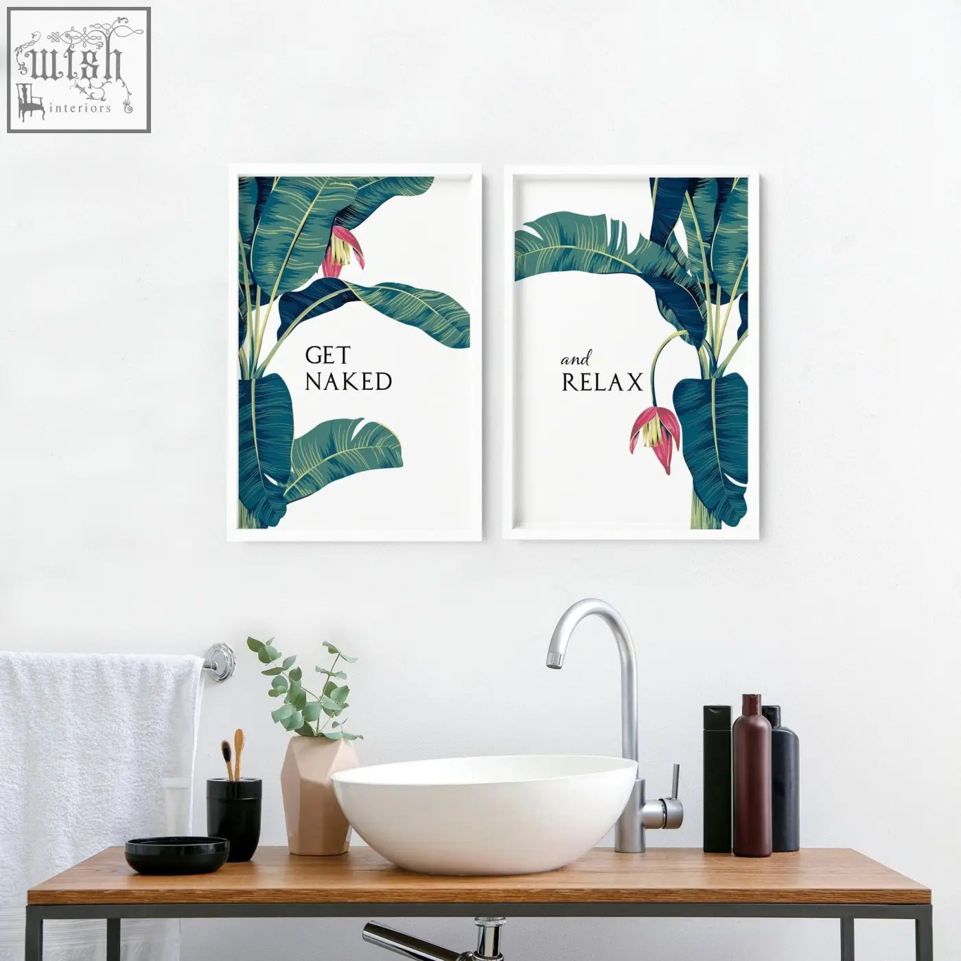White ceramic bowl sink with sleek metallic faucet shown next to tropical wall art for bathroom walls set of 2