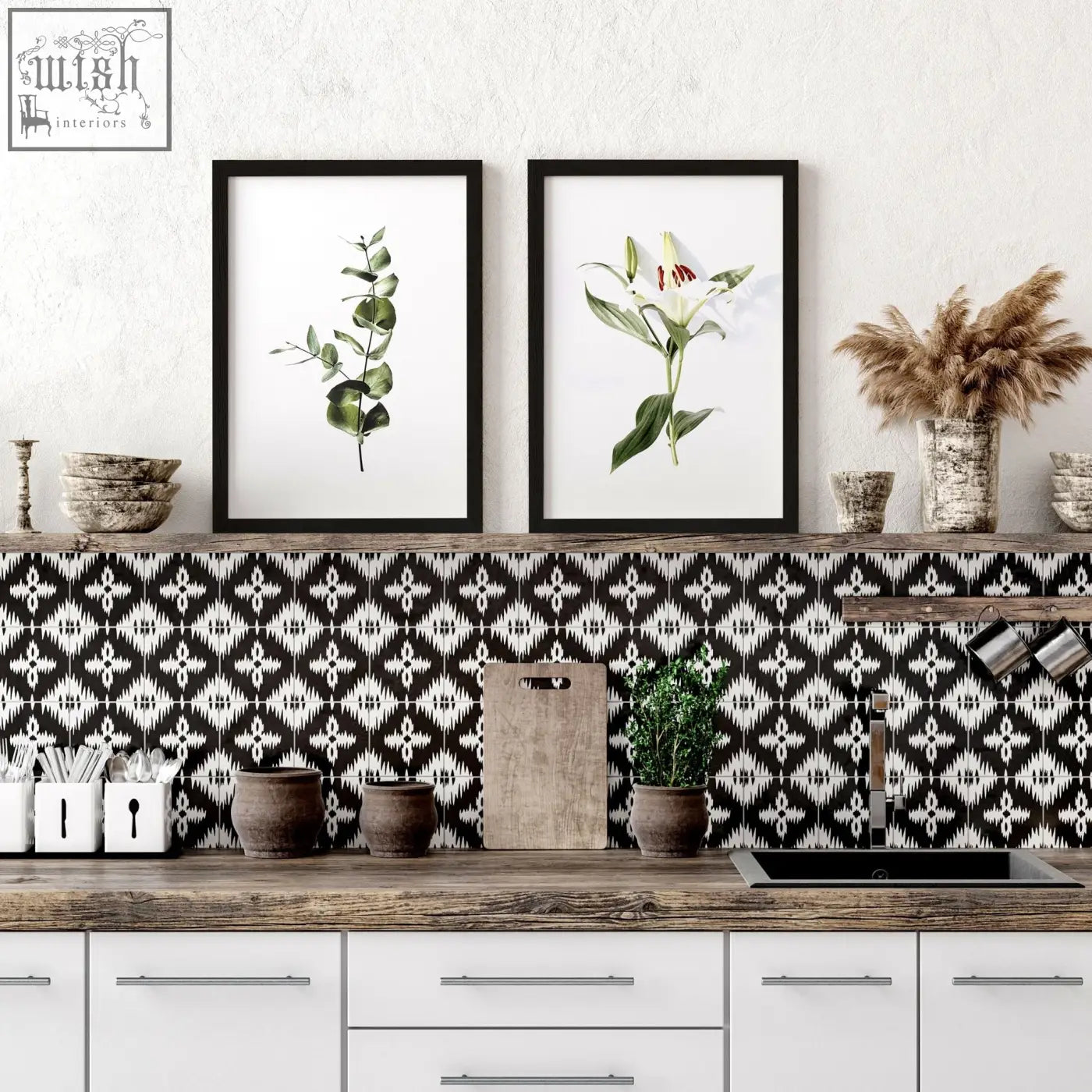 Black and white geometric patterned backsplash tiles featured in a set of 2 wall art prints for kitchen decor