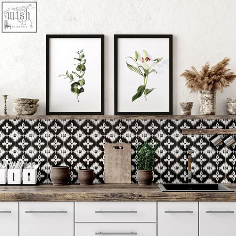 Black and white geometric patterned backsplash tiles featured in a set of 2 wall art prints for kitchen decor