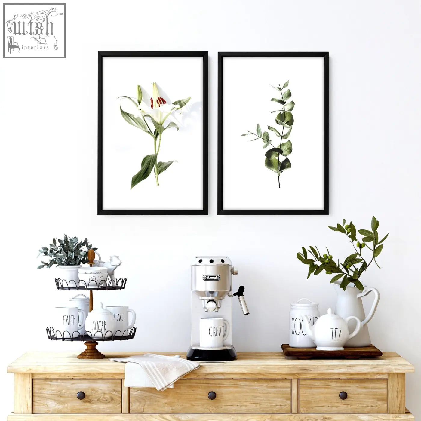 Silver delonghi espresso machine with black base and handle featured in kitchen wall art prints set of 2 art prints