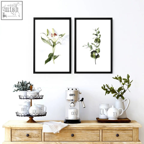 Silver delonghi espresso machine with black base and handle featured in kitchen wall art prints set of 2 art prints
