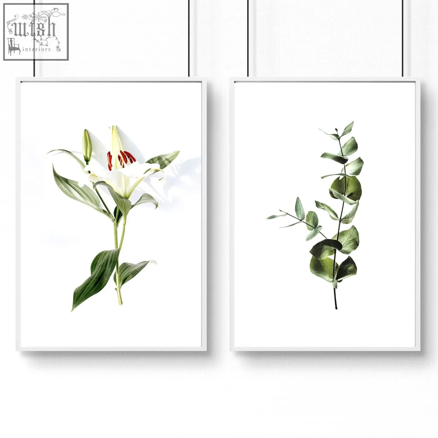 Set of 2 wall art prints featuring minimalist white lily and eucalyptus in white frames perfect for kitchen decor